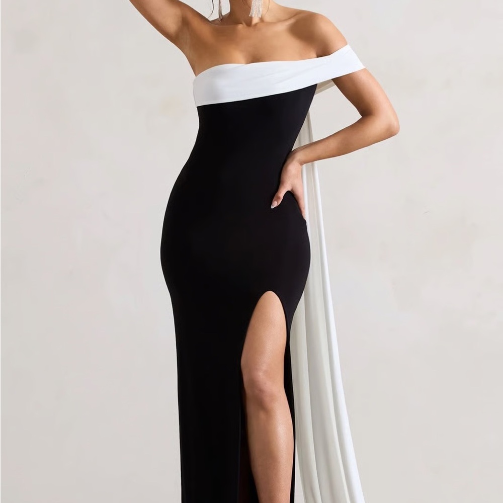 Club L London Black and White Off-Shoulder Maxi Dress